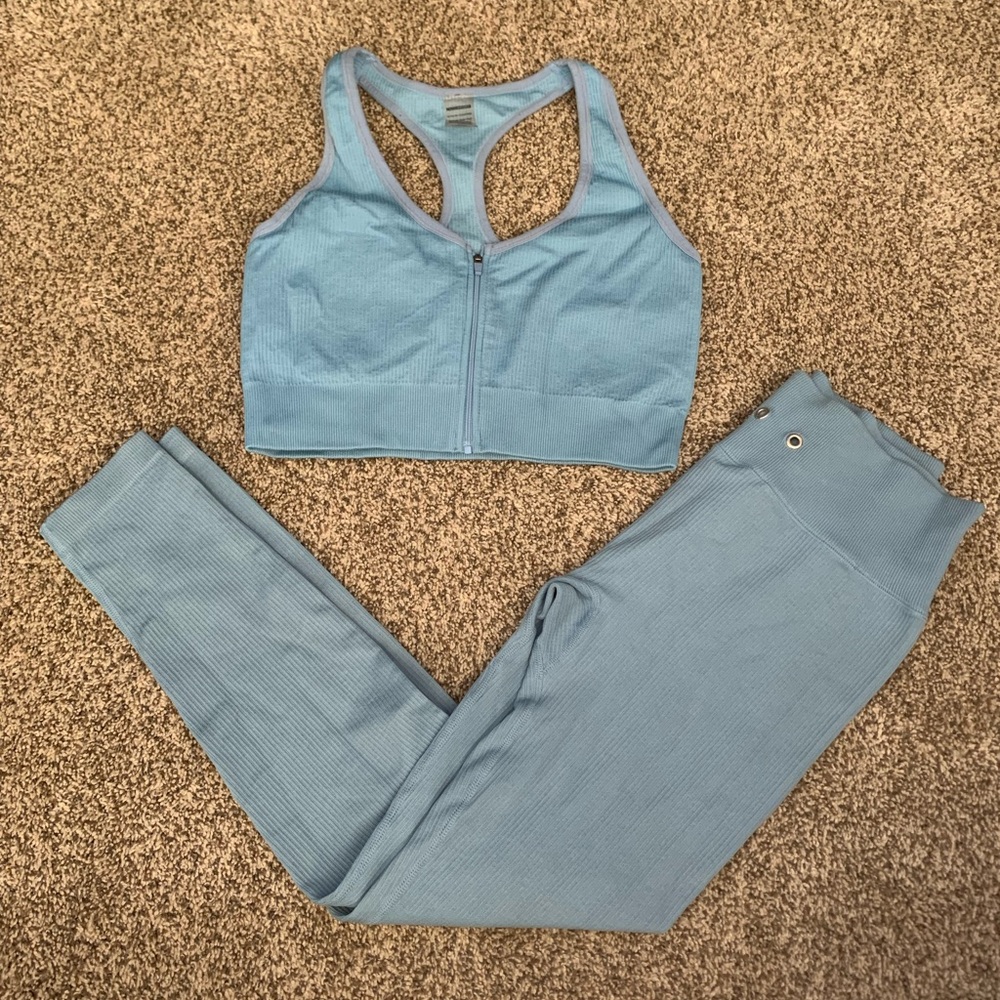 Fashion Nova Light Blue Zip-Front Sports Bra and Capre Leggings
